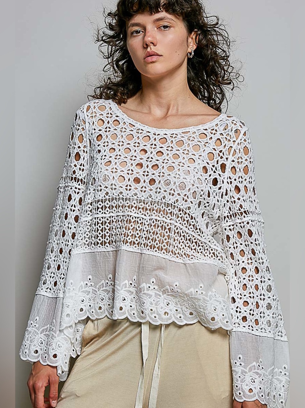 POL White Crochet Lace Peasant Blouse